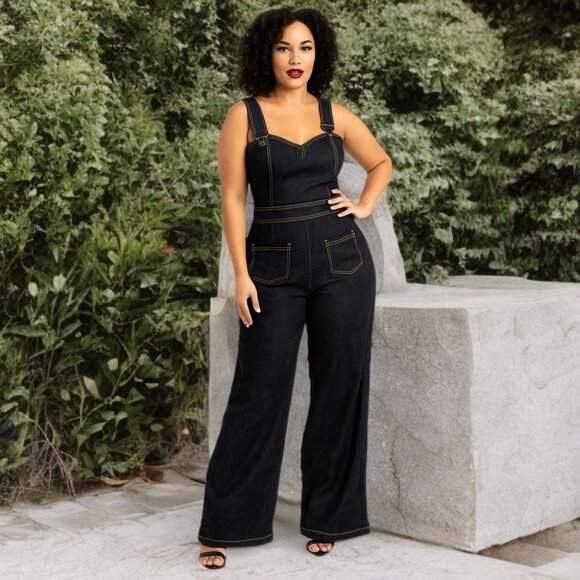 Unique Vintage Western Denim Overalls Baggy Wide Leg Pants Stretchy Button Up - Picture 1 of 13